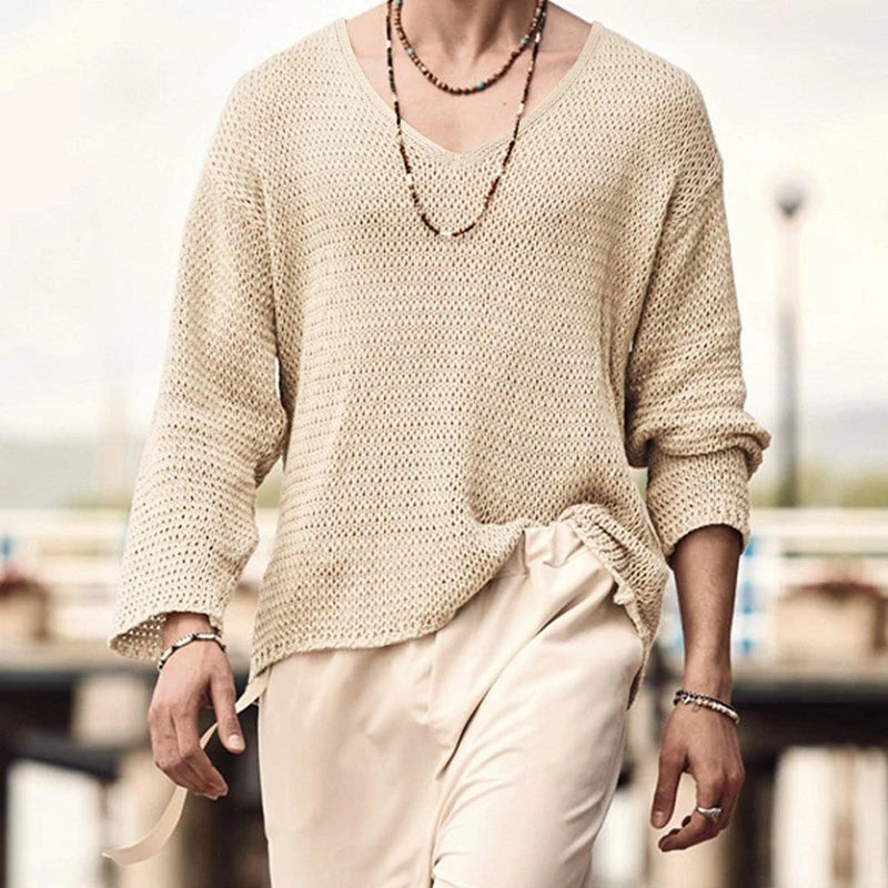 Men's Luxury Knit V-Neck Long Sleeve T-Shirt — Solid Color Hollow Out Loose Streetwear Tee