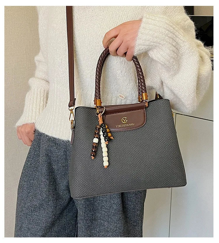 Dark Khaki Faux Leather Tote, Braided Handle & Wood Beads