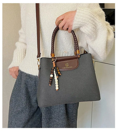 Dark Khaki Faux Leather Tote, Braided Handle & Wood Beads