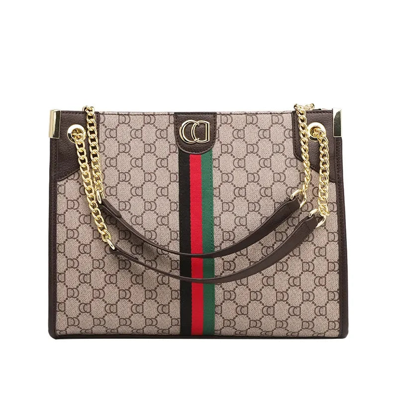 Floral Woven Tote Bag with Metal Chain Strap