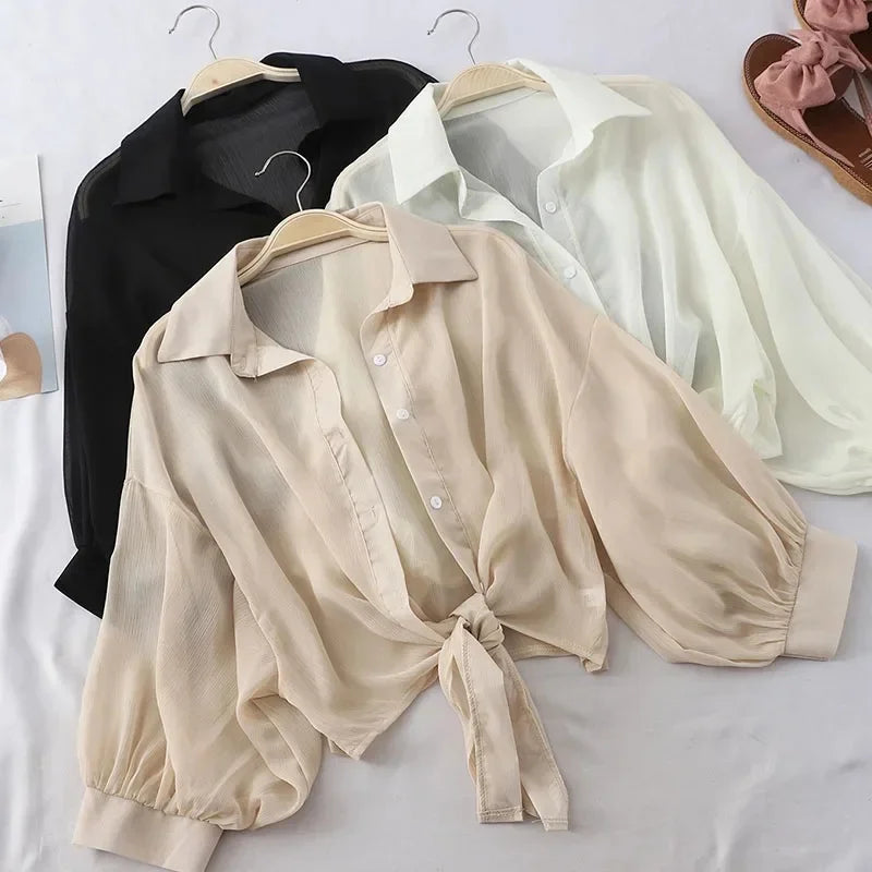 Women's Casual Hollow White Chiffon Shirt — Solid Tied Waist Bat Sleeve Blouse