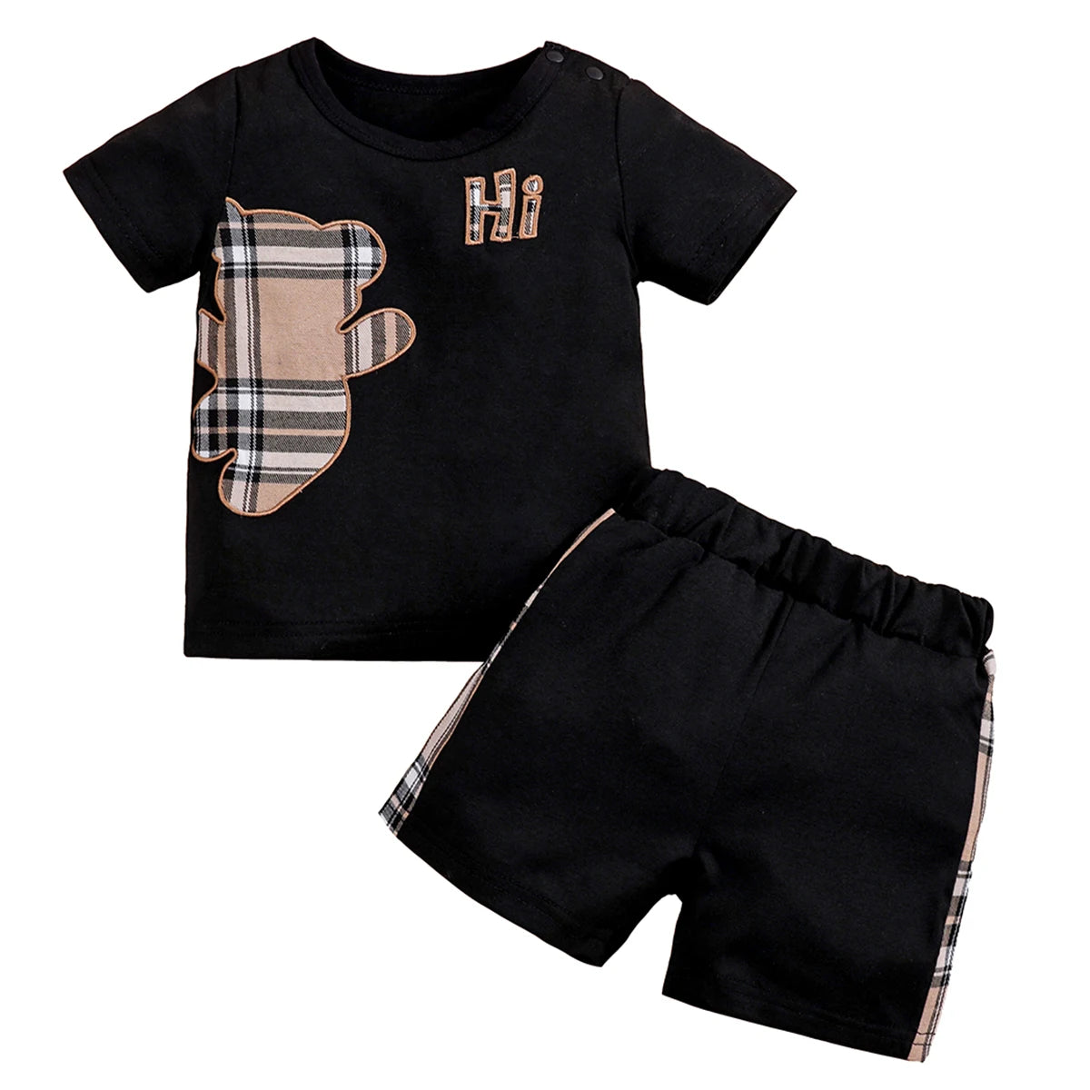 Checked Bear Print Tee & Shorts 2-Piece Set