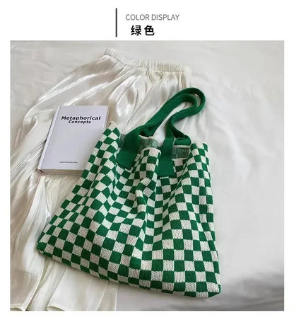 Plaid Wool Knitted Tote Bag, Color-Matched Design
