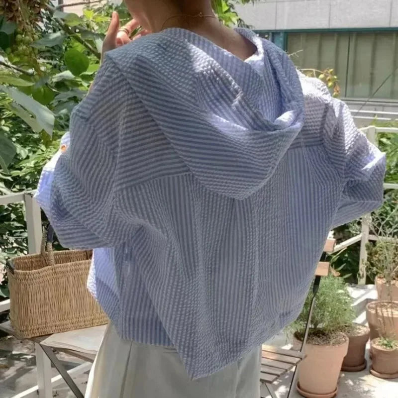 Women's Korean Chic Stripe Contrast Hooded Shirt — Loose Long Sleeve Sunscreen Top