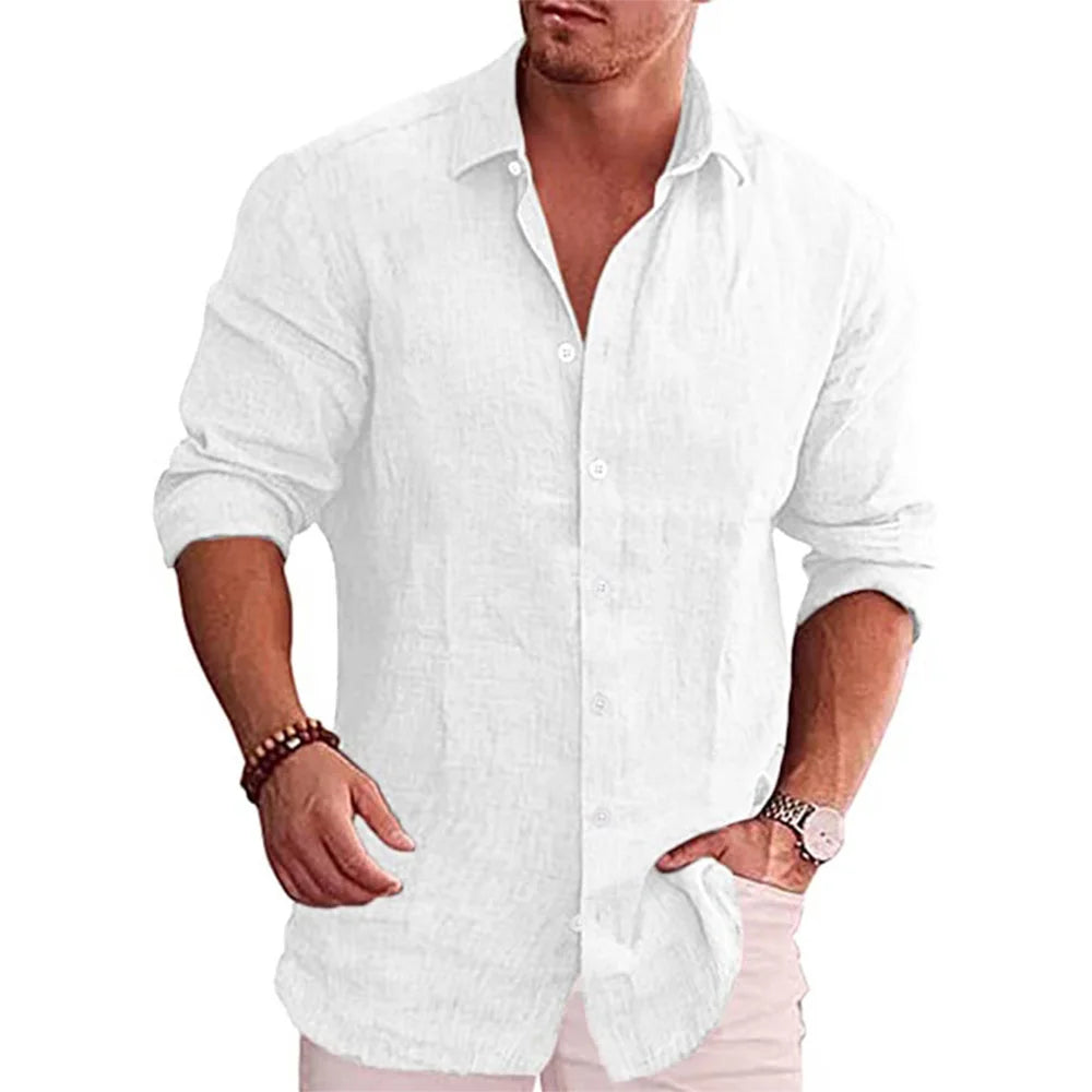 Men's Cotton Linen Long Sleeve Casual Shirt — Solid Color Plus Size Linen Top