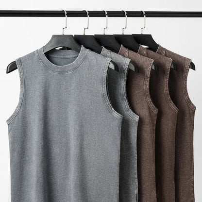 Men's Retro Washed Distressed Sleeveless Vest — 230g Pure Cotton Streetwear