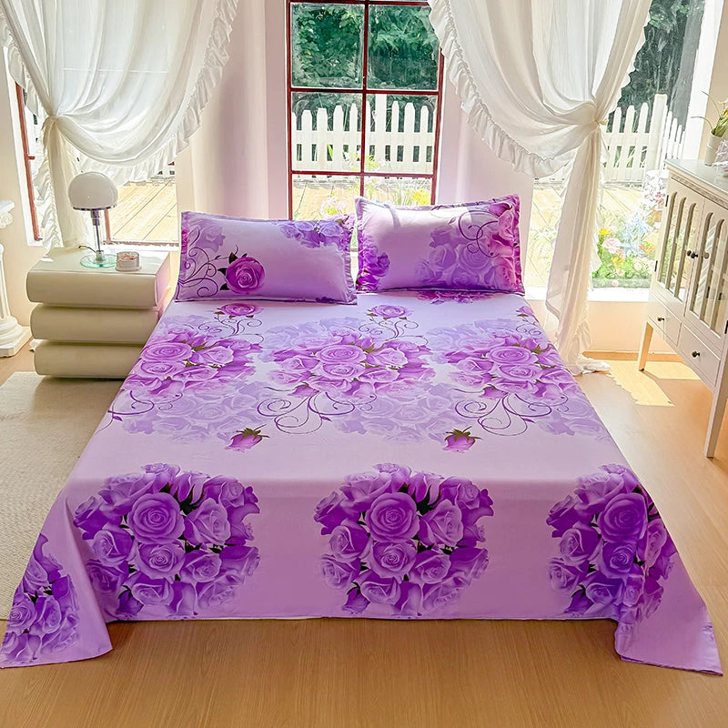 3PCS Bed Flat Sheet WITH pillowcase Bed Plain Solid Color Top Sheets Single/Queen/King Flat Bedsheets Home Bed Linen Sheets