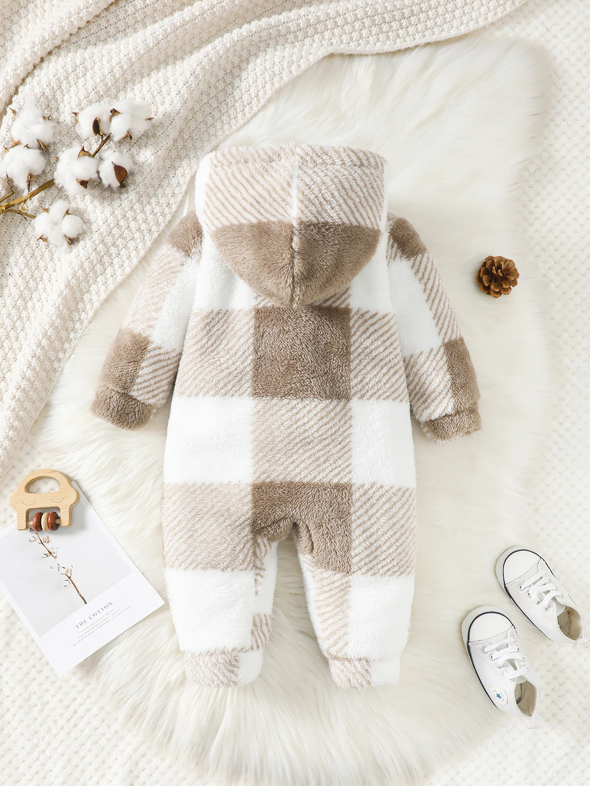 Plaid Hooded Plush Jumpsuit, Winter Warm Romper