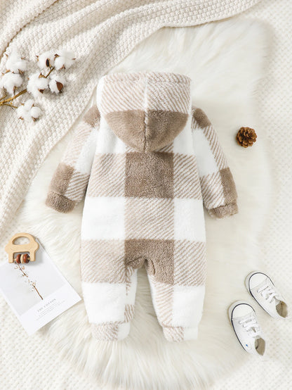 Plaid Hooded Plush Jumpsuit, Winter Warm Romper