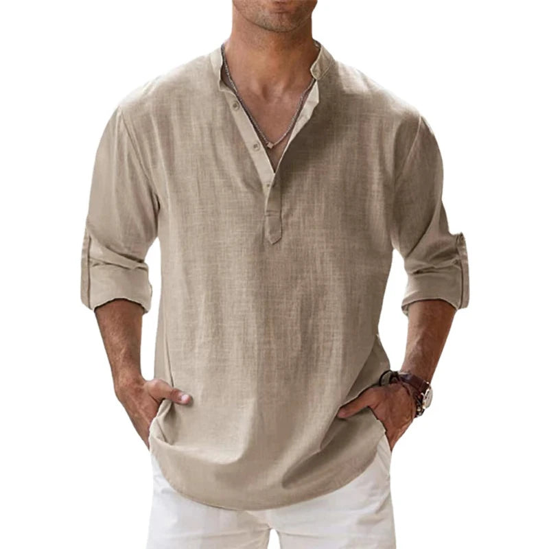 Men's Cotton Linen Long Sleeve Henley Beach Shirt — Lightweight Hawaiian T-Shirt