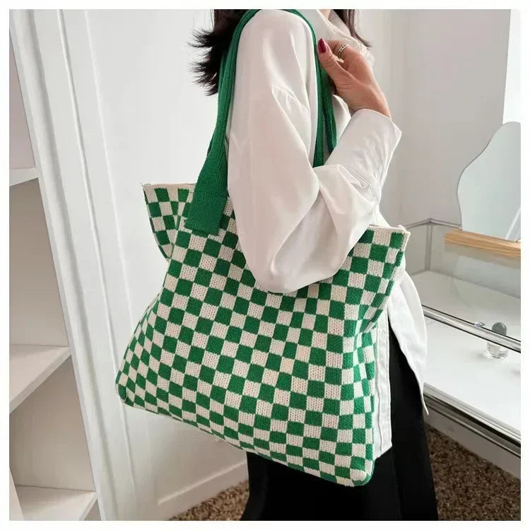 Plaid Wool Knitted Tote Bag, Color-Matched Design