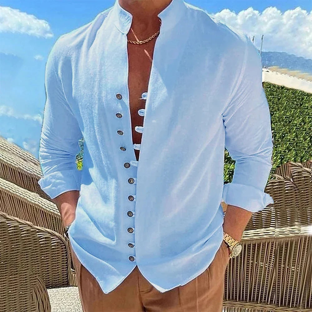 Men's Cotton Linen Shirt — Long Sleeve Button-Up Solid Color Plus Size Casual Top