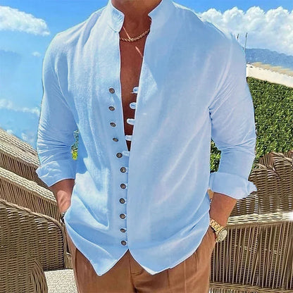 Men's Cotton Linen Shirt — Long Sleeve Button-Up Solid Color Plus Size Casual Top