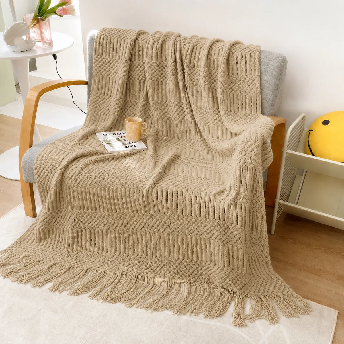 Sage Green Diamond Knit Throw Blanket with Tassels