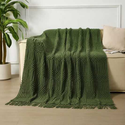 Dark Green Geometric Bobble Textured Knit Throw Blanket with Tassel Fringe, Soft Knitted Decorative Blanket, Lightweight Cozy Cover for Couch Sofa Bed, Boho Farmhouse Home Decor for Living Room Bedroom
