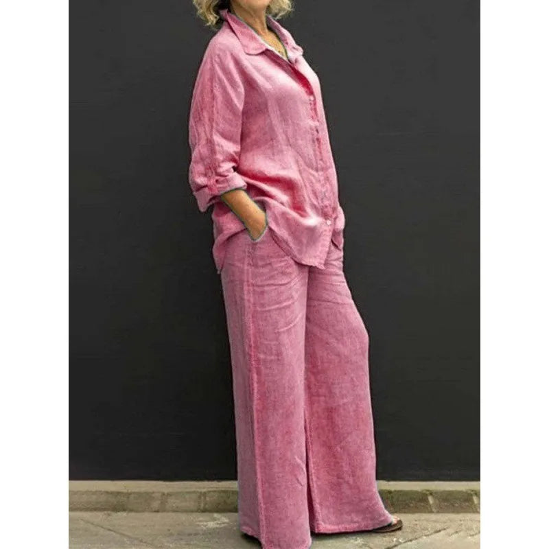 Women's Lapel Shirt & Wide-Leg Pants — Casual Two-Piece Set