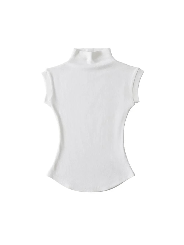 Women's Turtleneck Sleeveless T-Shirt — Solid Slim Fit Casual Streetwear Tee