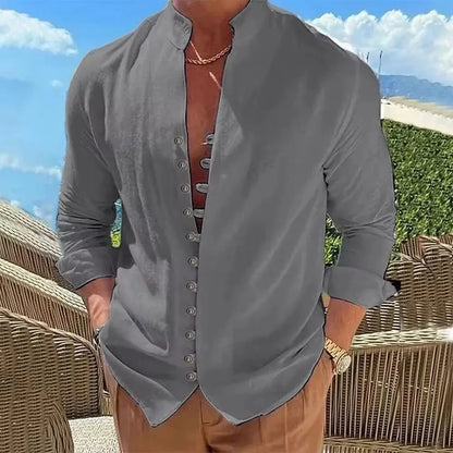 Men's Cotton Linen Shirt — Long Sleeve Button-Up Solid Color Plus Size Casual Top