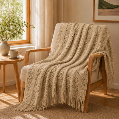Sage Green Mixed Bobble Diamond Textured Knit Throw Blanket with Tassel Fringe, Soft Knitted Decorative Blanket, Lightweight Cozy Cover for Couch Sofa Bed, Boho Farmhouse Home Decor for Living Room Bedroom