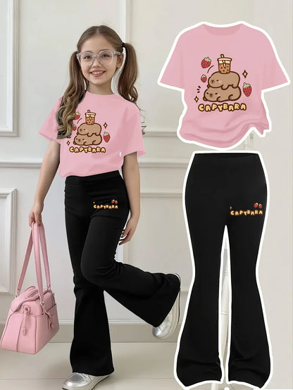 Cute Capybara Outfit for Girls Aged 4-11, Pink Crew Neck T-Shirt with Printed Capybaras (with Milk Tea and Strawberries Above, Super Cute), Black Bell-Bottom Pants with the Letters "Capybara"