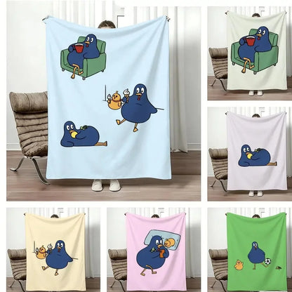 Funny Cartoon Blue Bird Series Flannel Throw Blanket Cute Bird Doing Daily Activities Cozy Soft Lightweight Blanket for Bedroom Sofa Kids Room Home Decoration
