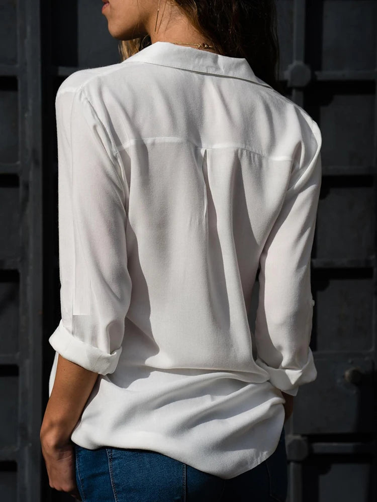 Women's Elegant Chiffon Blouse — Long Sleeve V-Neck Loose Office Shirt