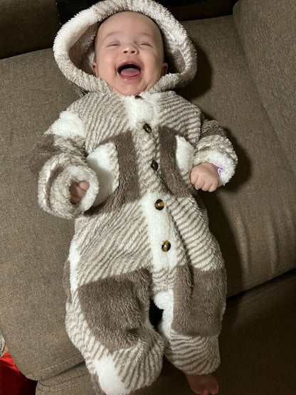 Plaid Hooded Plush Jumpsuit, Winter Warm Romper