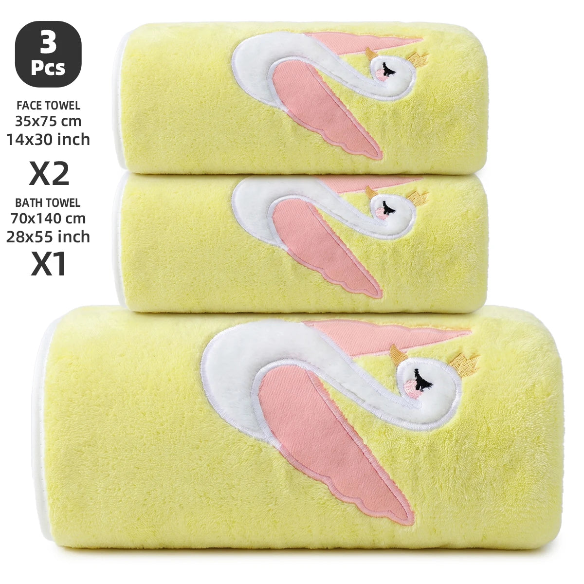 3-Piece Towel Set, 1 Bath Towel + 2 Hand Towels, Elegant Swan Embroidery