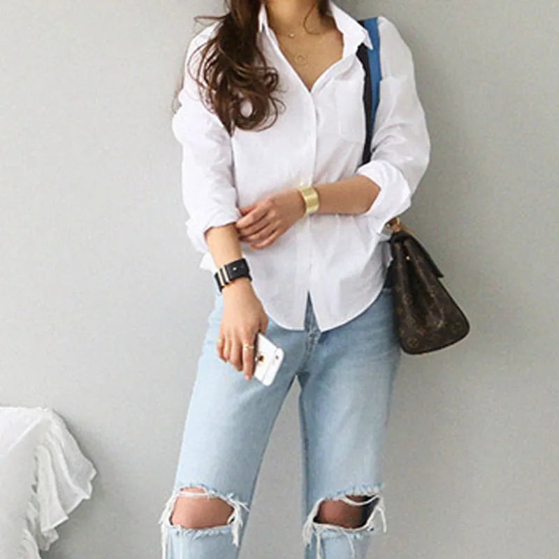 Women's Cotton Blouse White Shirt — OL Style Long Sleeve Fashion Top