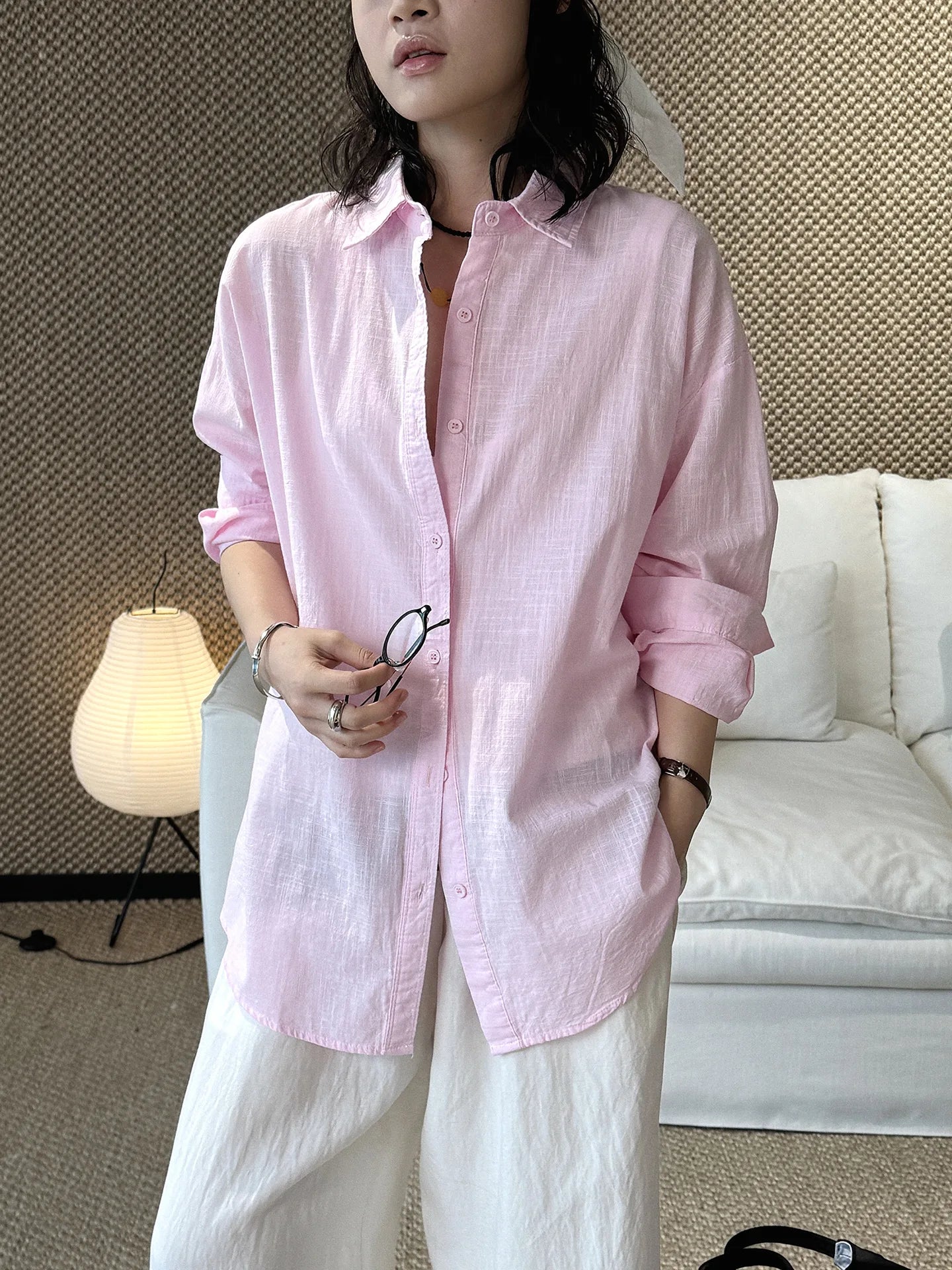 Women's Casual Solid Lapel Long Sleeve Loose Shirt — Spring Summer Blouse