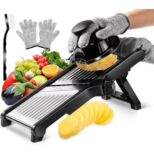 Stainless Steel Mandoline Slicer with 5 Blades, Hand Guard and Food Chopper