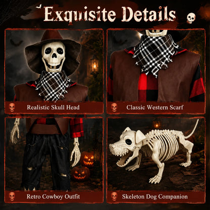 36" Halloween Skeleton Decorations, Posable Skeleton & Dog Outdoor Decor Creepy Halloween Western Cowboy Themed Set, Plastic Skeleton Featuring Movable Joints, Indoor Outdoor Yard & Party Decor