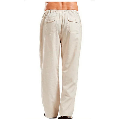 Men's Cotton Linen Pants — Solid Color Breathable Elastic Waist Casual Summer Trousers
