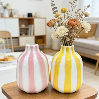Hand-Painted Ceramic Striped Vase — Nordic Boho Decorative Flower Container for Home