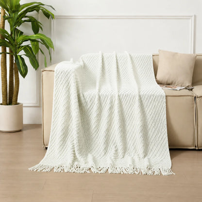 Dark Green Geometric Bobble Textured Knit Throw Blanket with Tassel Fringe, Soft Knitted Decorative Blanket, Lightweight Cozy Cover for Couch Sofa Bed, Boho Farmhouse Home Decor for Living Room Bedroom