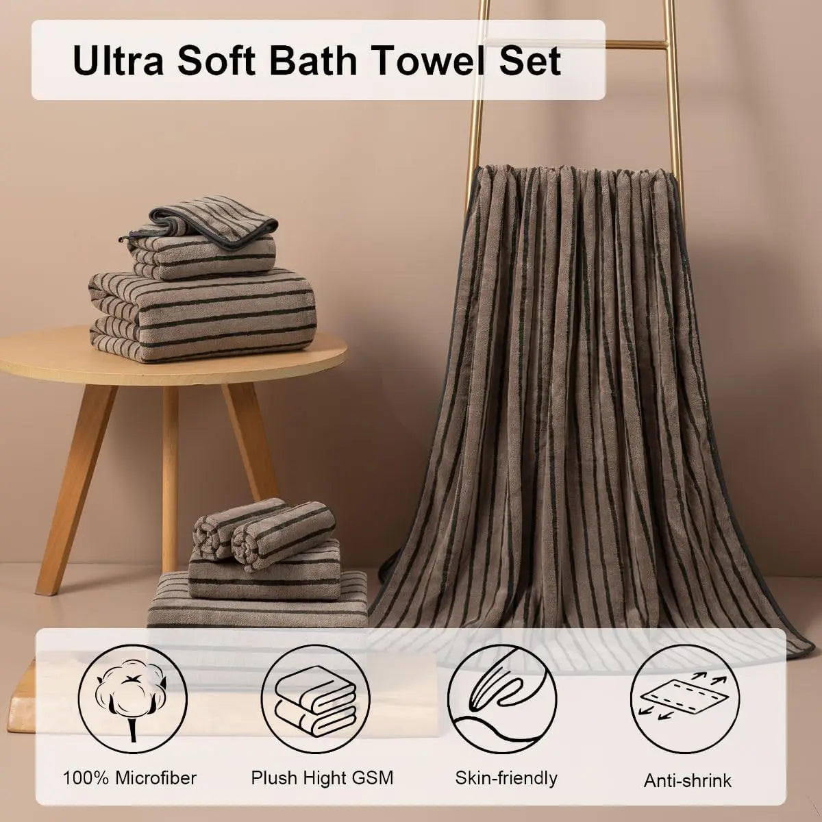 8 Pcs Polyester Brown Cabana Stripe Large Bath Towel Set-2 Bathroom