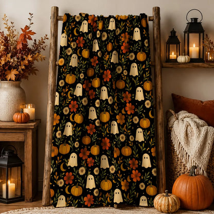 Halloween Ghosts and Pumpkins Velveteen Throw Blanket, Summerween Blanket