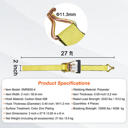 4pcs Ratchet Tie Down Strap Strong Double J Hook Ratchet Belt Luggage Bag Cargo Lashing for Moving Appliances
