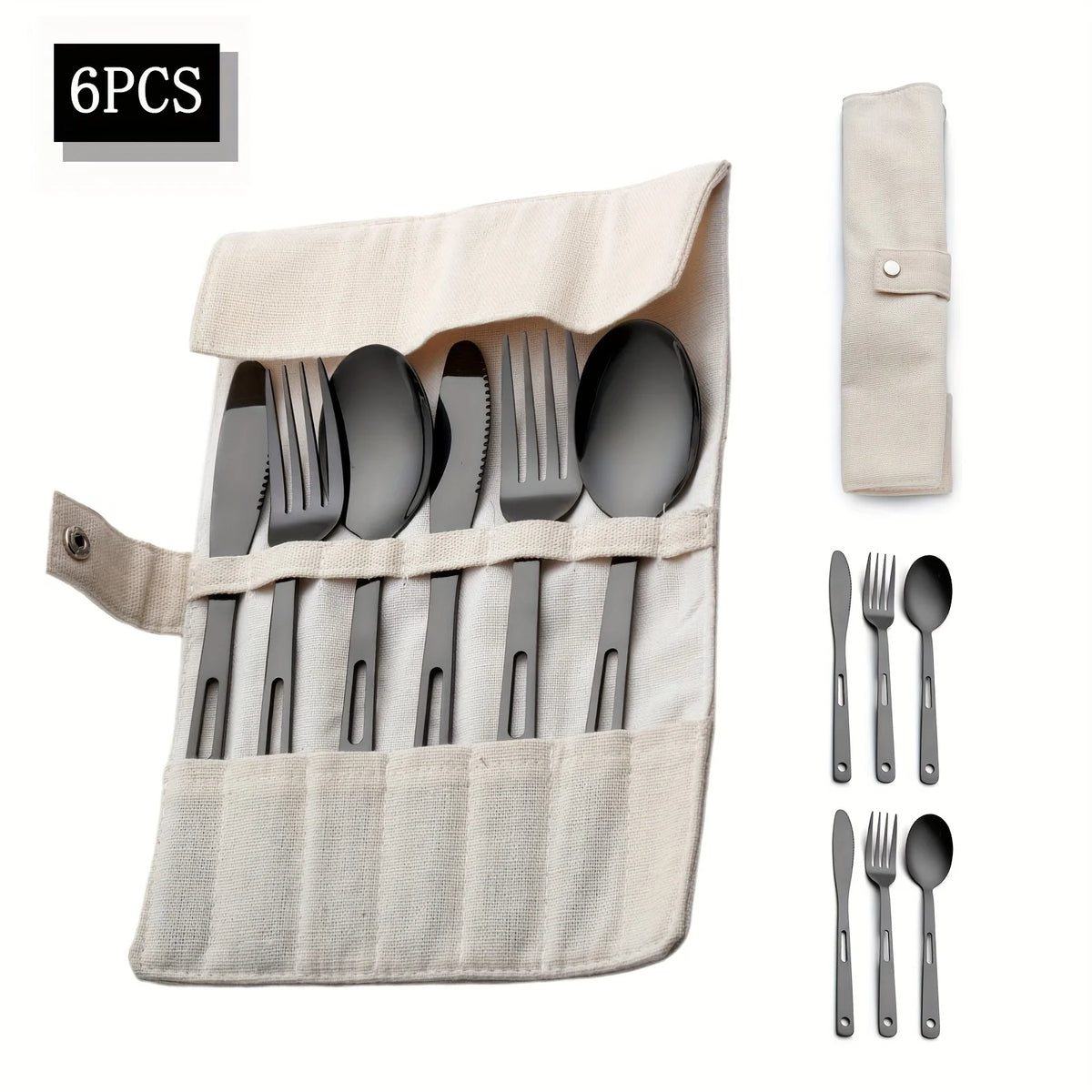 Tableware Set Stainless Steel Portable Cutlery Dinner Knife Fork Spoon 6-Piece Suit with Storage Bag for Travel Camping Flatware