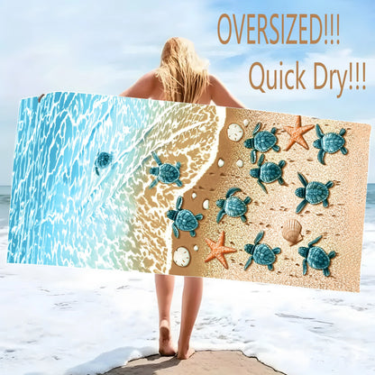 Oversized Microfiber Beach Towel — Sea Stars & Turtles Graphic