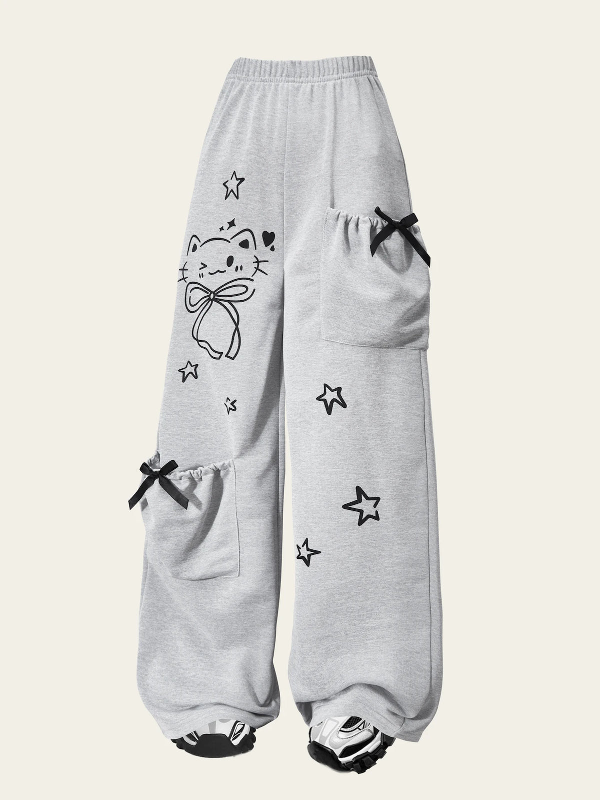 Girls' fashion casual trousers, girls' spring, summer, autumn and winter loose straight-leg pants with a kitten pocket design