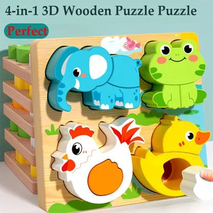 Four-in-one Wooden Toy, 3D Wooden Puzzle, Cartoon Animal, Cognitive Puzzle Early Learning and Educational Toy for Children, Gift