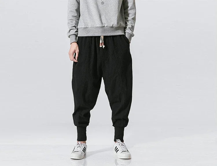 Men's Cotton Linen Harem Pants — Baggy Drop-Crotch Streetwear Joggers