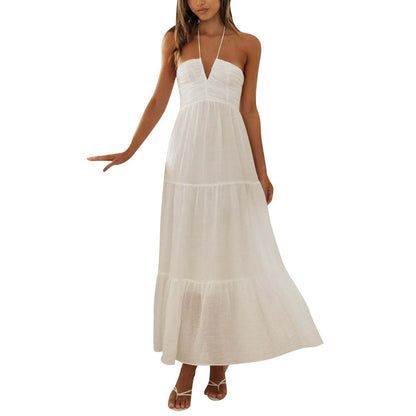 Women's Spaghetti Strap V-Neck Long Chiffon Dress — Off Shoulder Casual Maxi
