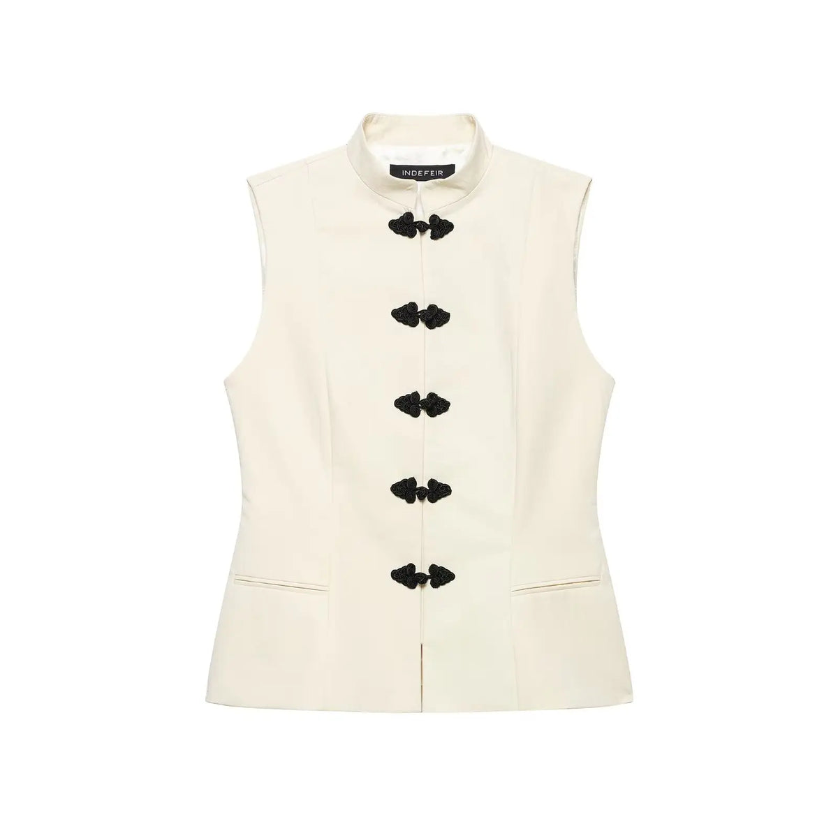 Women's Beige Frog Button Sleeveless Vest – Tailored Waist Lightweight Summer Outerwear