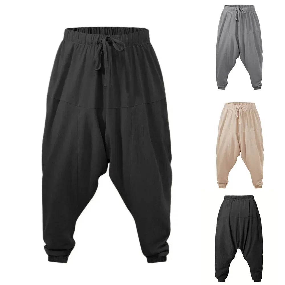 Men's Cotton Linen Harem Joggers — Drop Crotch Loose Fit Breathable Streetwear Pants