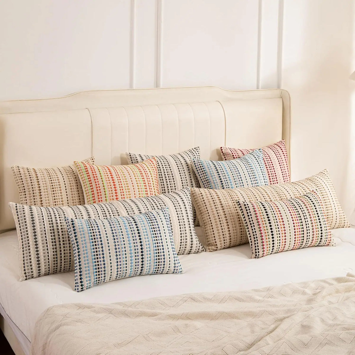 Blue Boho Striped Chenille and Linen Cushion Cover
