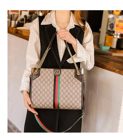 Floral Woven Tote Bag with Metal Chain Strap