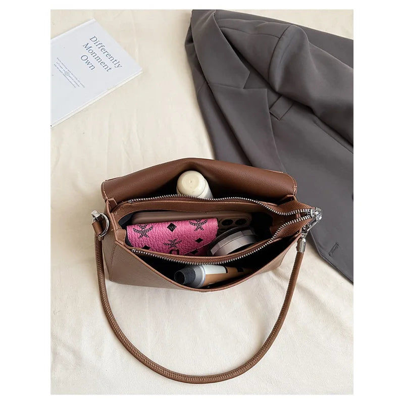 Nude Pebbled Leather Flap Crossbody, Minimalist Design