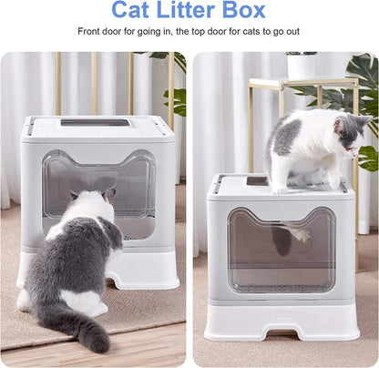 Front Entry Top Exit Cat Litter Box — Foldable Hooded Kitty Toilet with Scoop & Drawer, Extra Large